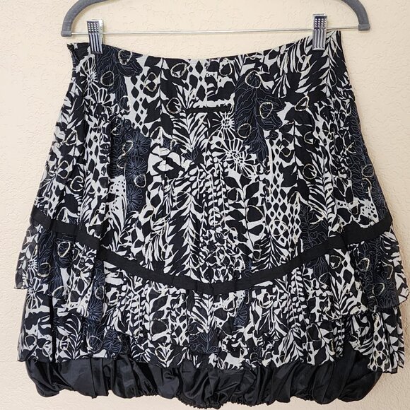 Alberto Makali Mini Skirt Bubble Ruffle Silk Blend Boho A-Line Black White Sz 6 - Picture 4 of 8